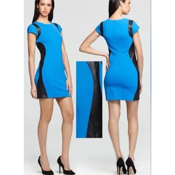 Diane Von Furstenberg Women's 12 Dress Blue Pele Leather Panel Mini Bodycon FLAW - Picture 1 of 16